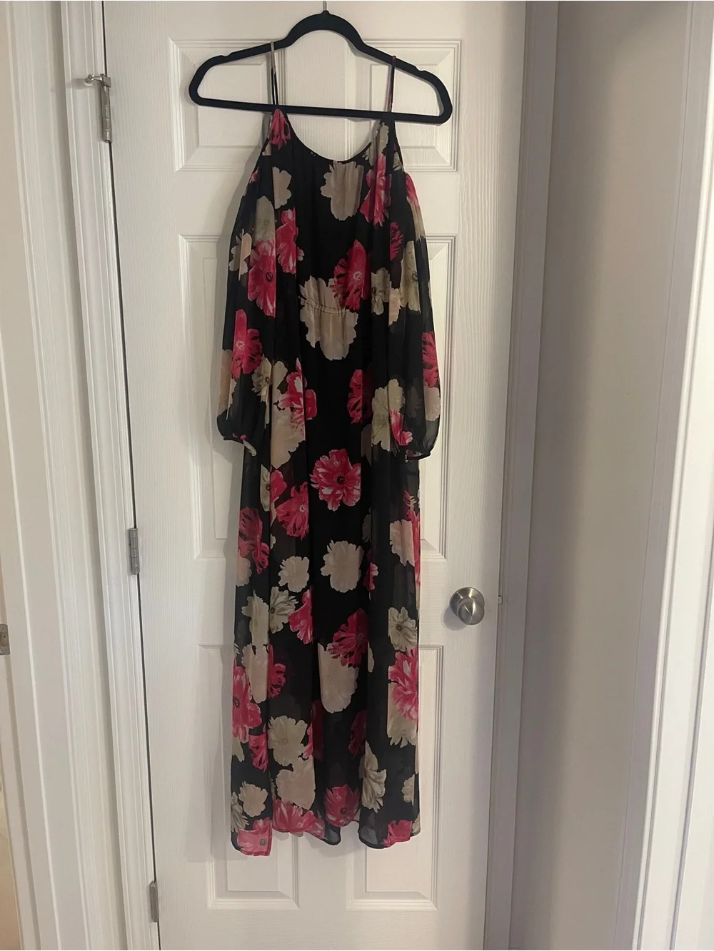Calvin Klein Black Maxi Dress with Pink and Cream Floral Pattern